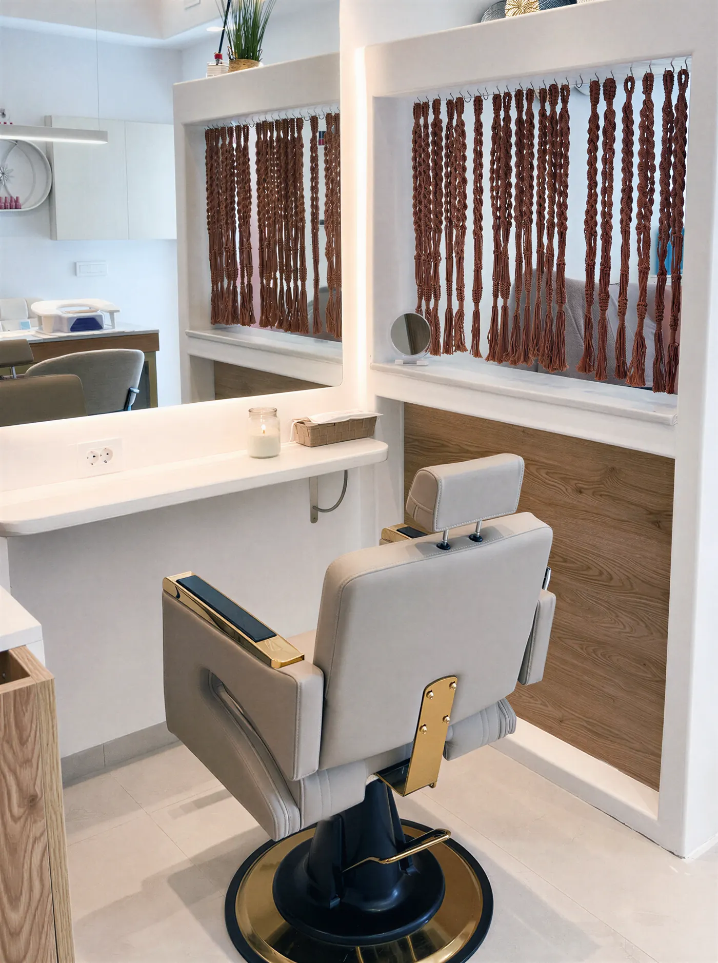 The styling chair and mirror in the salon