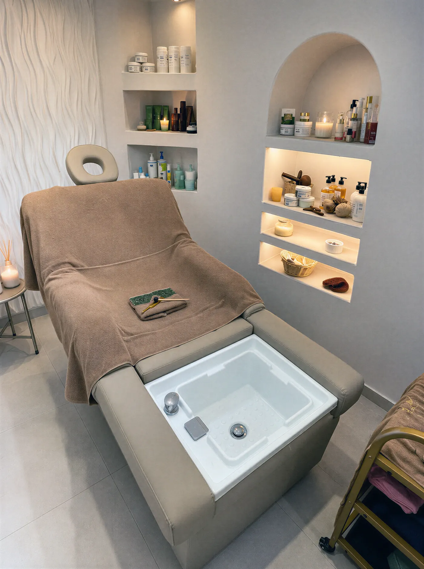 The treatment room, laid out before a facial